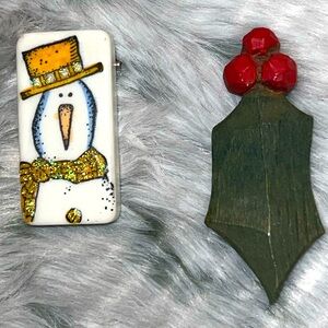 2 Vintage Handcrafted Holiday Brooches/Pins Holly & Snowman